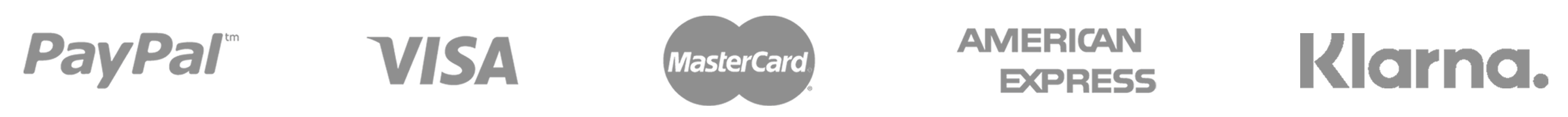 PayPal, Visa, Mastercard, American Express, and Klarna payment badges